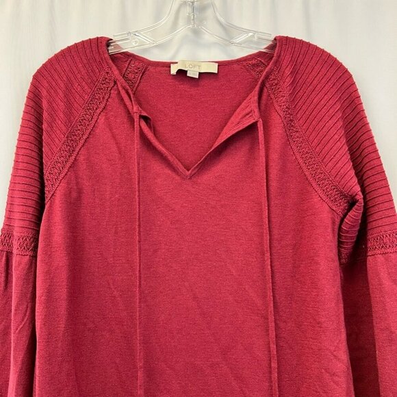 Loft Womens Pullover Top Burgundy Wool Blend Long Sleeve Raglan V Neck Crochet S - Picture 5 of 11
